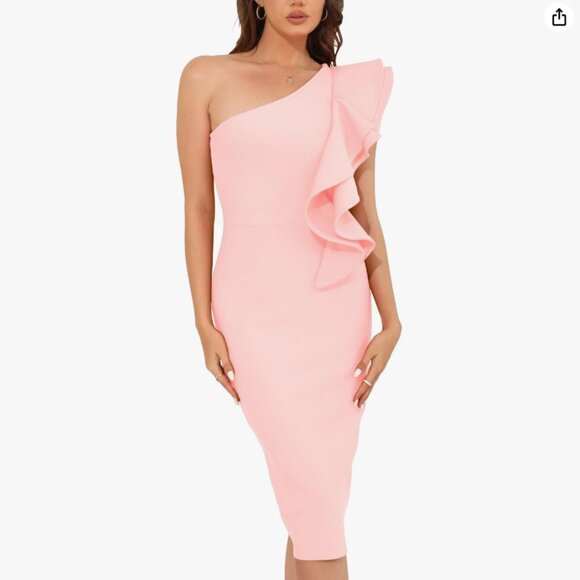 Baosuu One Shoulder Ruffle Ruched Slit Bodycon Cocktail Dress (Pink, XL) - Picture 1 of 5